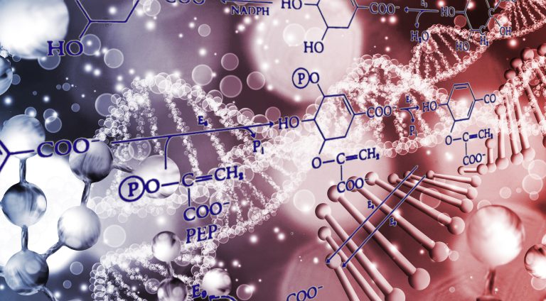 Cambridge Education,University preparation,AP Class,Olympia competition,Abstract 3d image of a DNA chain on a blurred background with chemical formulas.